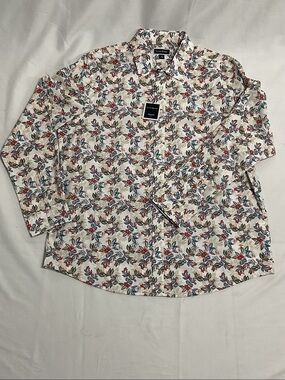 Club Room White Floral Button-Down Shirt with Red and Blue Accents